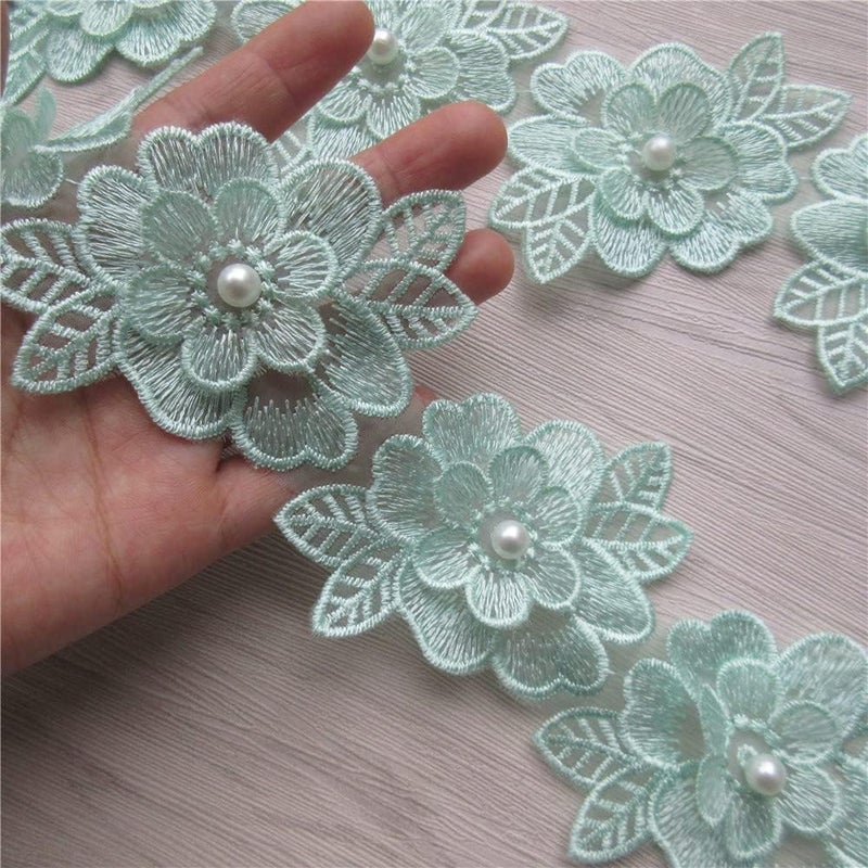 SHBBON 2 Yards 3D Flower Lace Trim Pearl Embroidered Polyester Lace Ribbon Fabric Applique Patchwork for Wedding Dress Handmade DIY Sewing Craft Supplies Decoration (Green) - Image 2